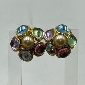 Vintage Pastel Colors Flower Cabochons Moon glow Clip On Gold Tone Earrings